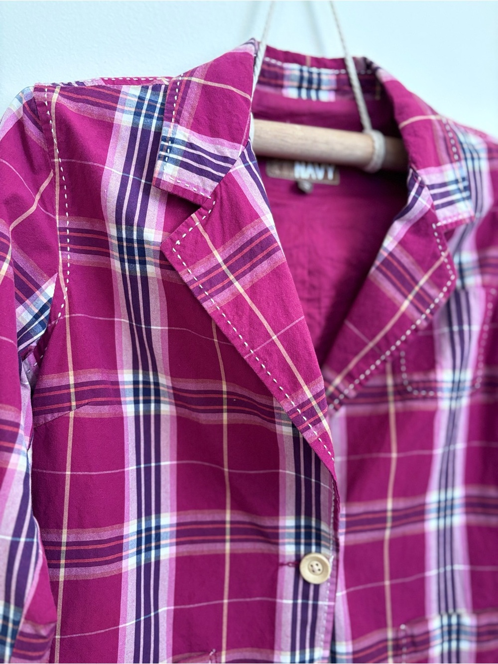 Old Navy Mid 2000s Preppy Magenta Plaid Button-Front Shirt Jacket